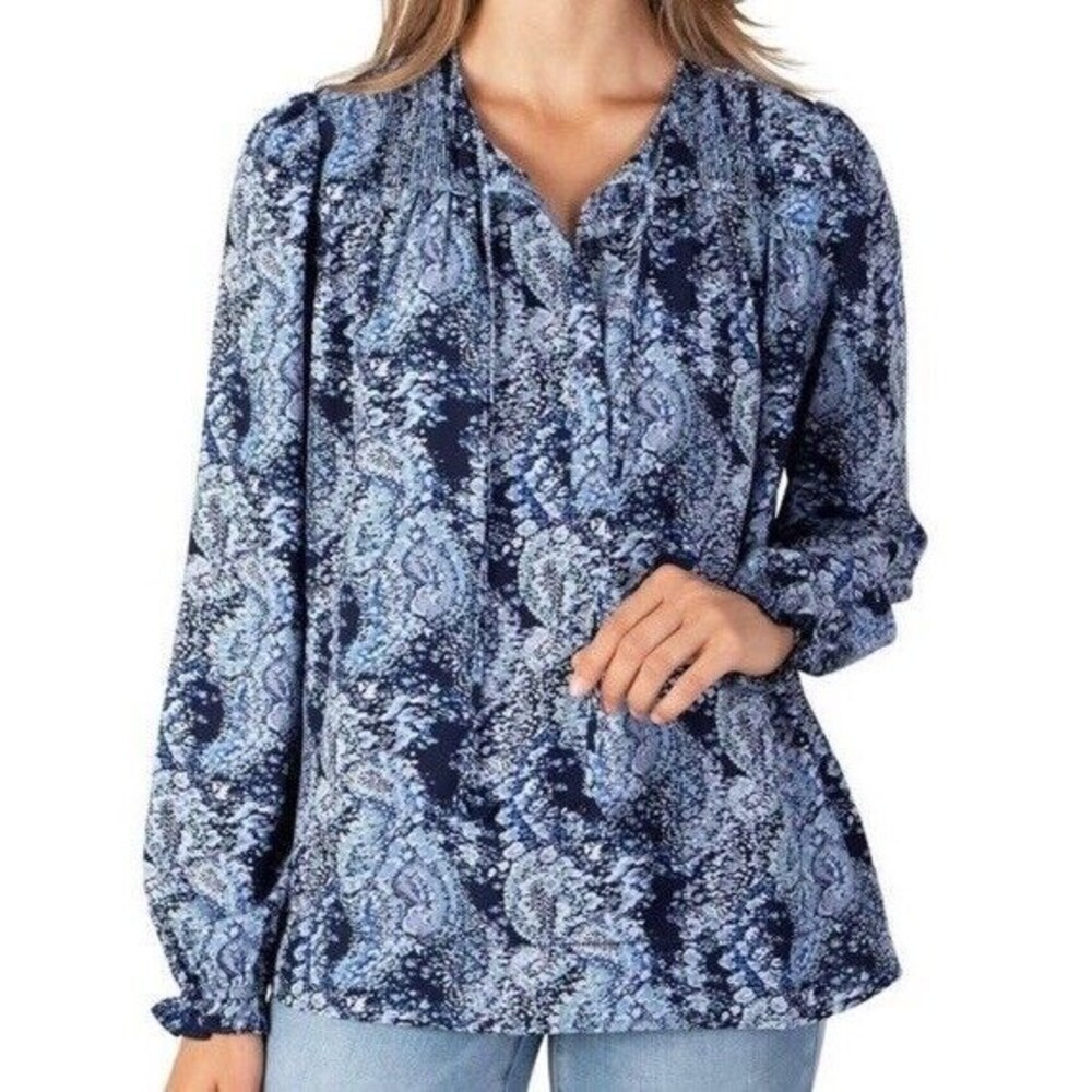 Joie Peasant Blouse Large Long Sleeve Blue Floral Sheer Pleated Tie Neck BOHO